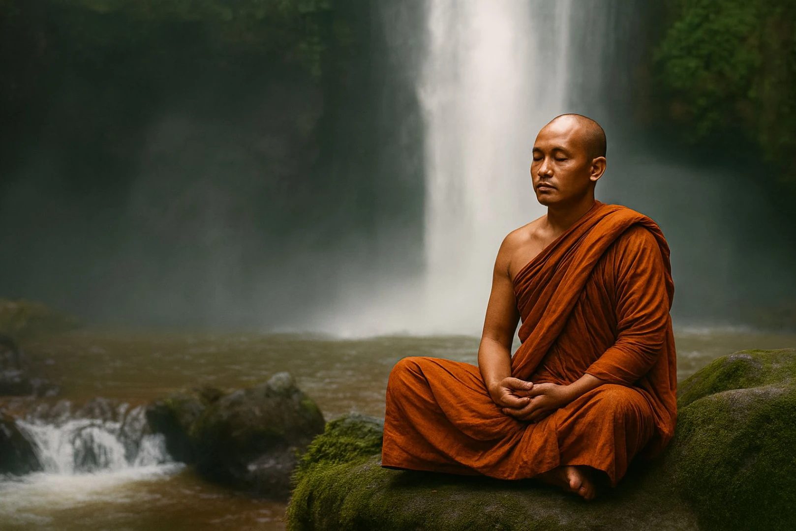 Monje sentado meditando sobre una roca ante una cascada